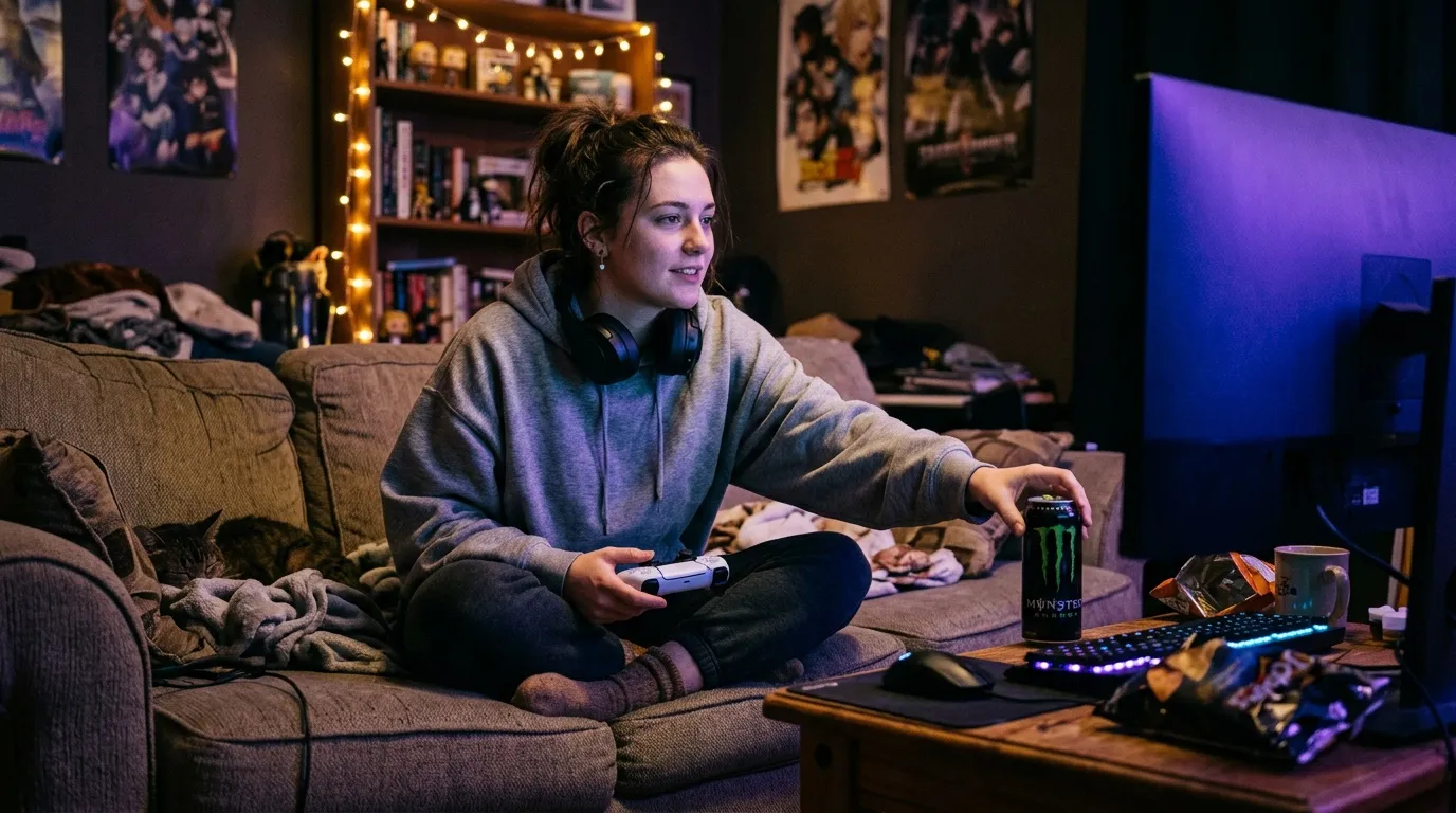 Gamer dans sa chambre cosy Jeune fille jouant aux jeux vidéo dans sa chambre décorée.