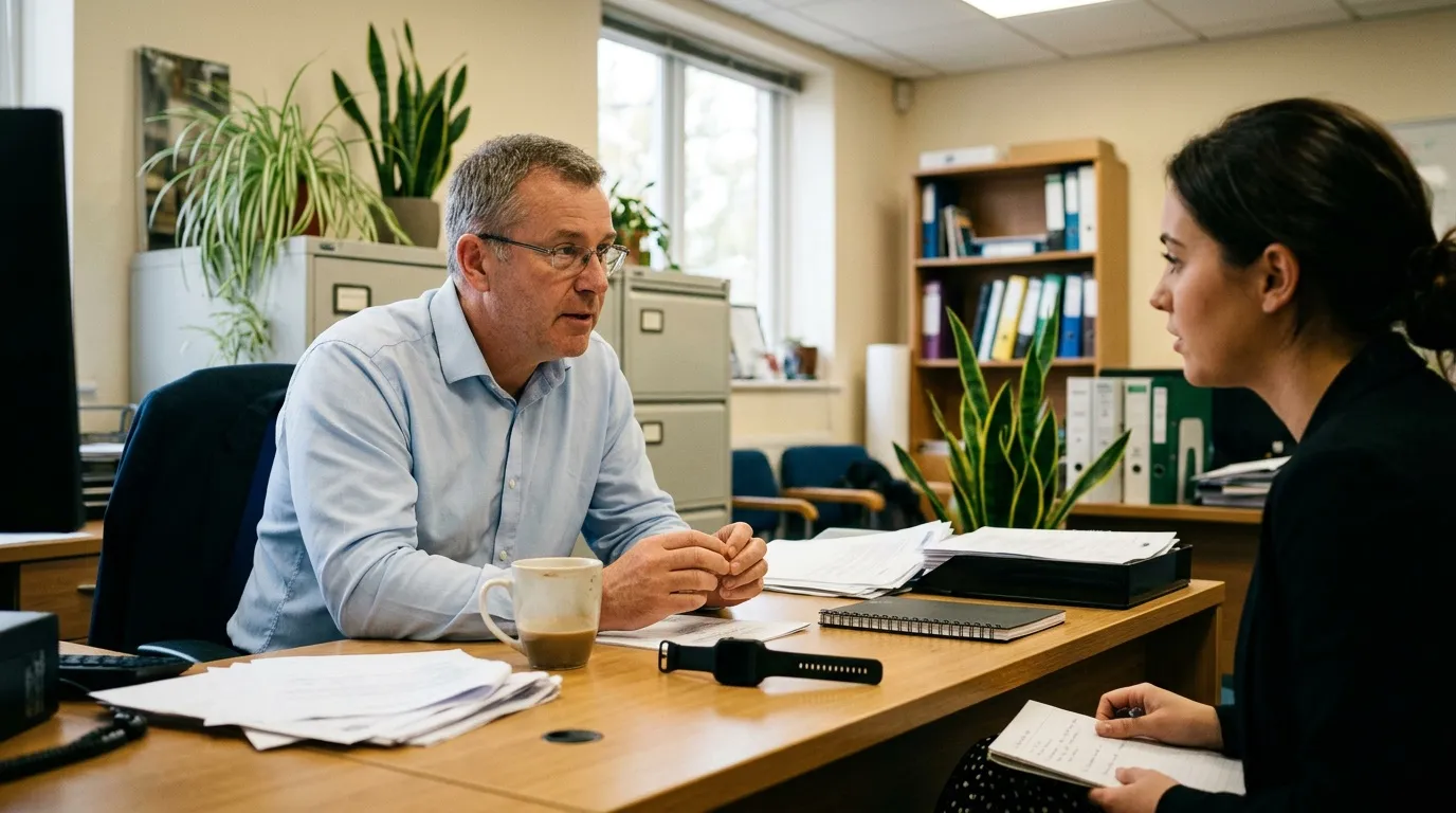 Bracelet électronique : obligations de l’employeur Homme et femme en discussion à un bureau avec documents